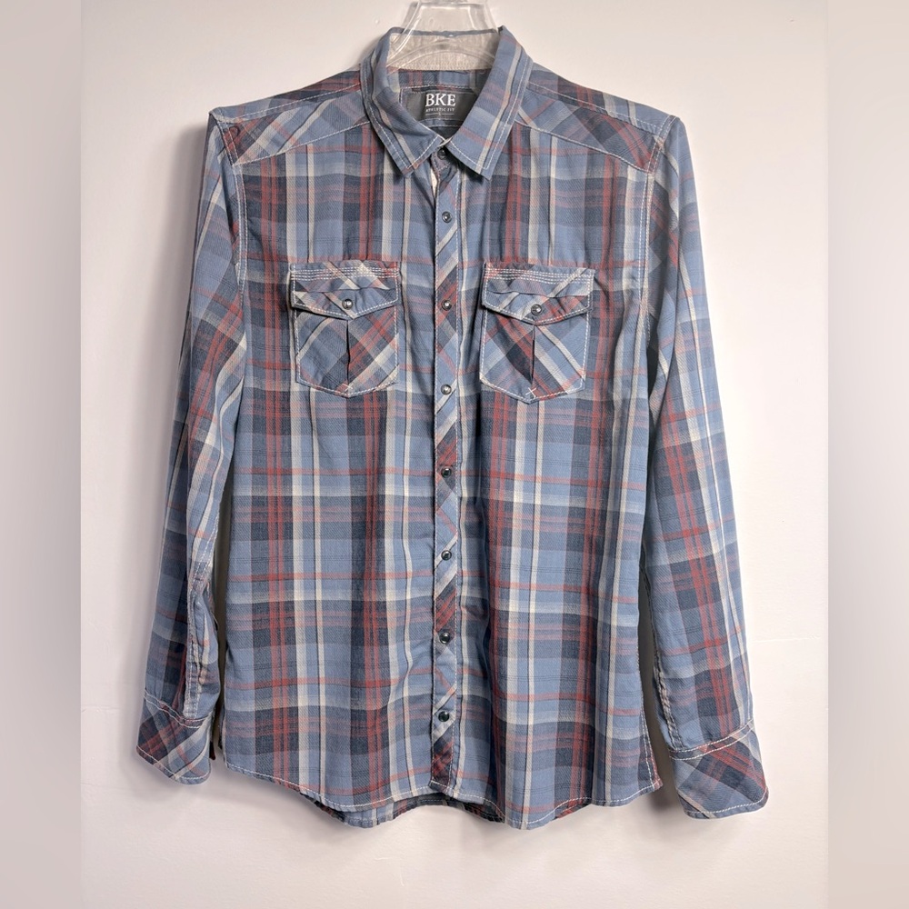 BKE Men's Shirt Sz L Pearl Snap Athletic Fit Multicolored Plaid Western